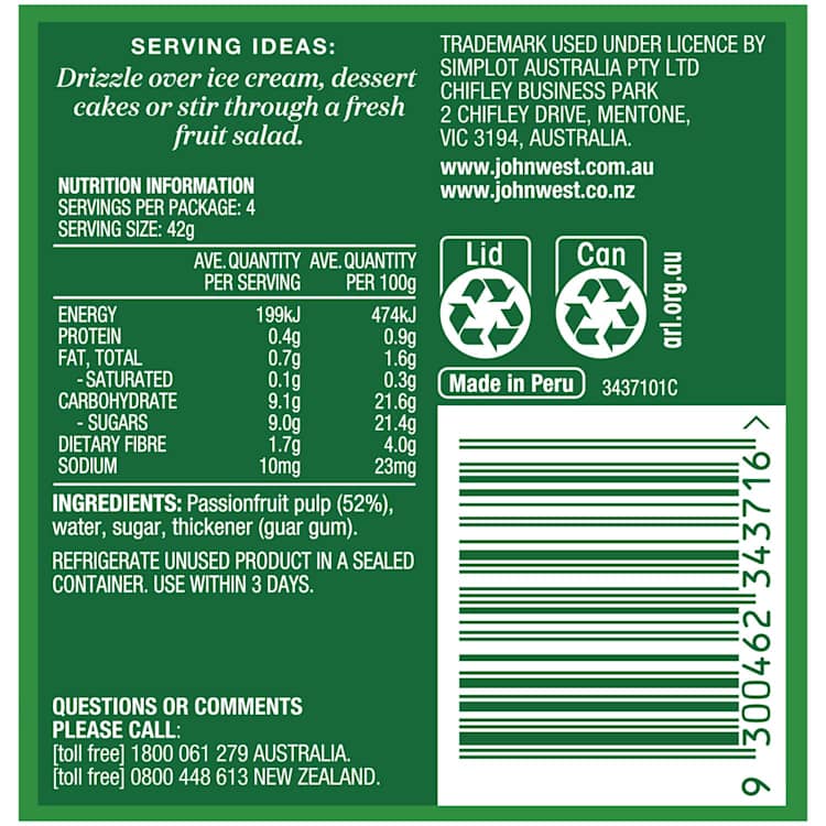 John West Passionfruit Pulp In Syrup