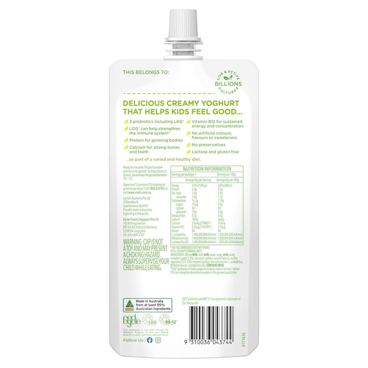 Vaalia Kids Lactose Free Probiotics Yoghurt Strawberry