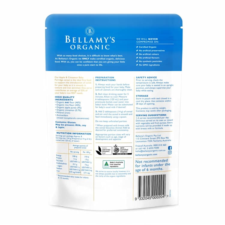 Bellamy's Organic Apple & Cinnamon Baby Porridge