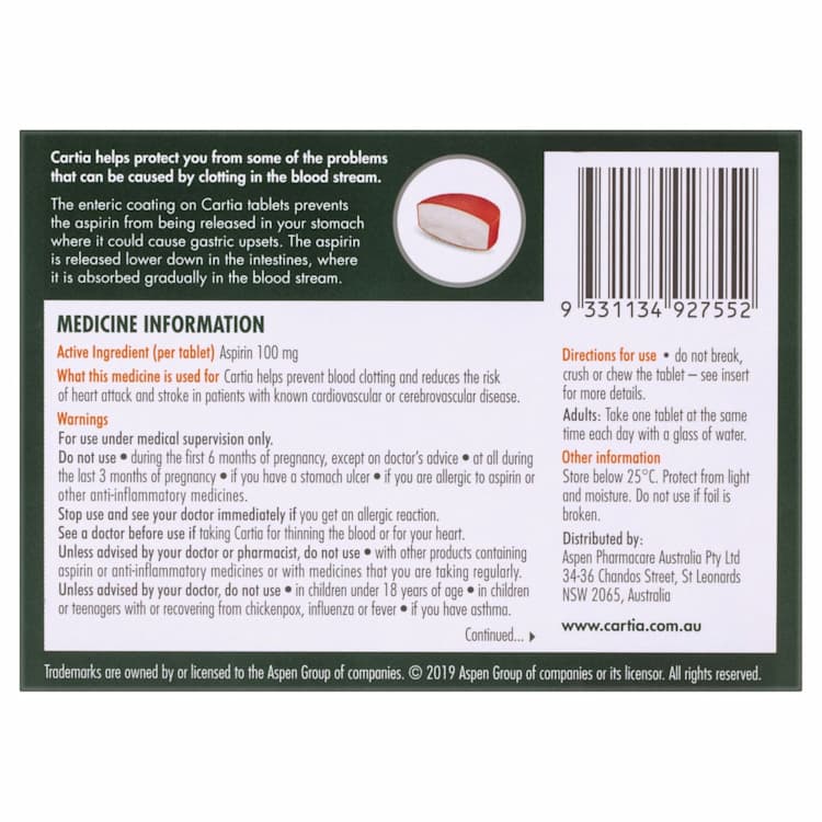 Cartia Tablets Low Dose Aspirin 100mG