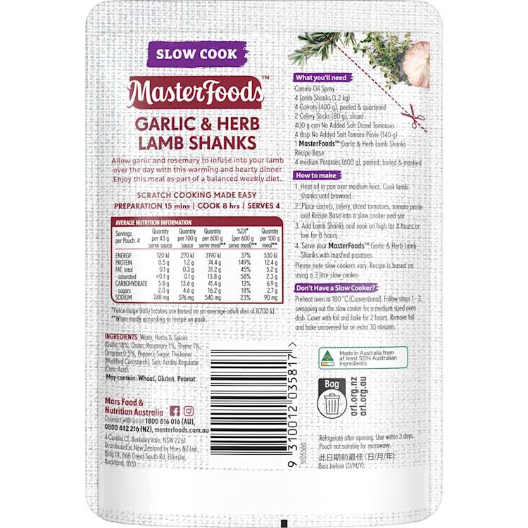 MasterFoods Garlic & Herb Lamb Shanks Slow Cook Recipe Base