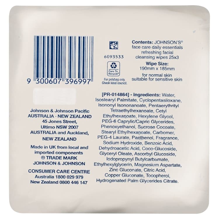 Johnson's Daily Essentials Facial Cleansing Wipes Normal Skin 25 Pack