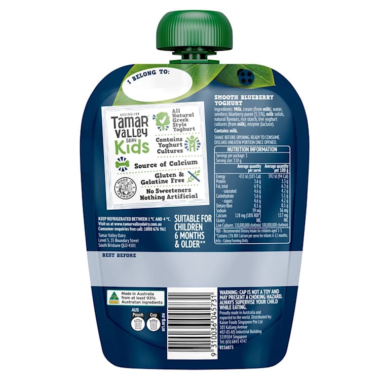 Tamar Valley Dairy Kids Greek Yoghurt Blueberry Pouch
