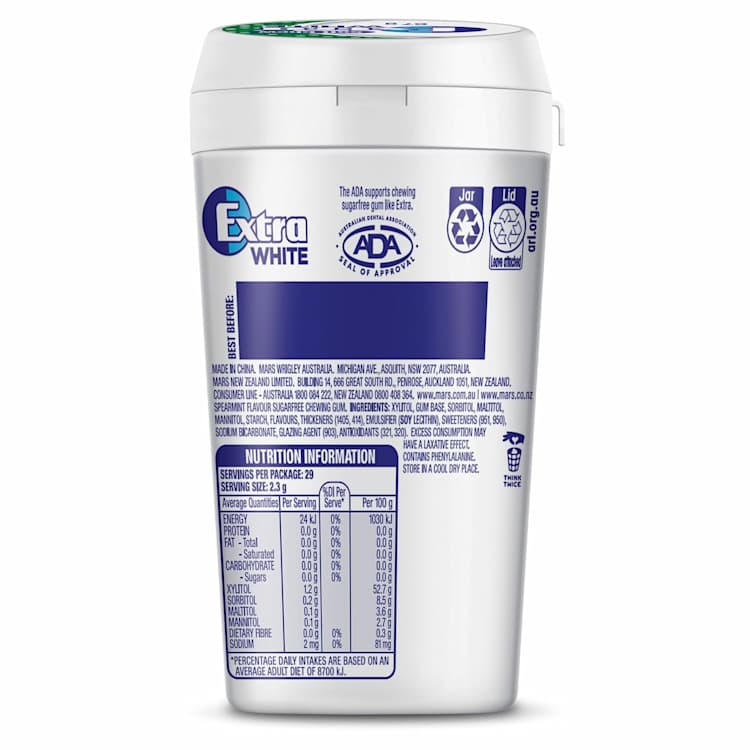 Extra Soft Chew White Spearmint Chewing Gum Sugar Free Bottle