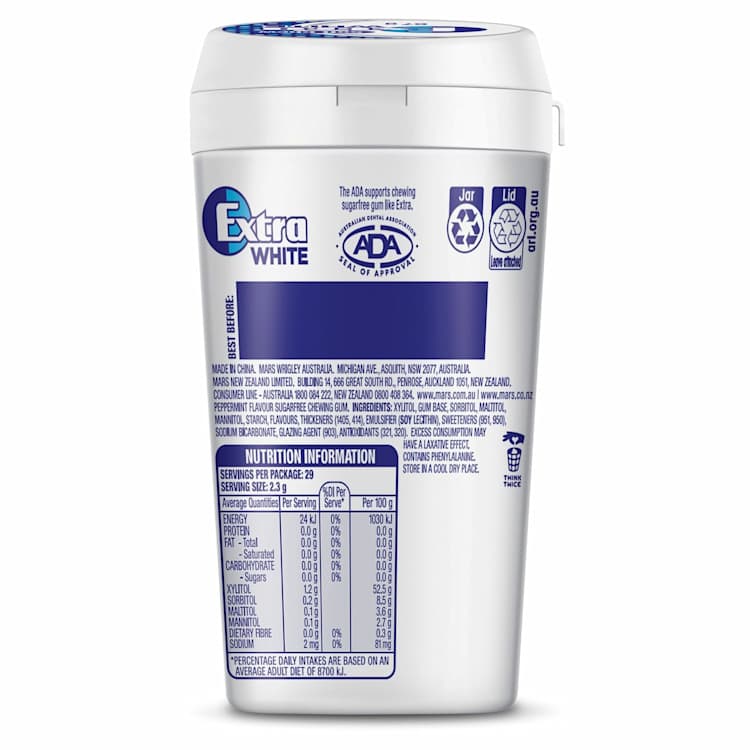 Extra Soft Chew White Peppermint Chewing Gum Sugar Free Bottle