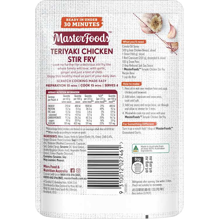 MasterFoods Teriyaki Chicken Stir Fry Recipe Base