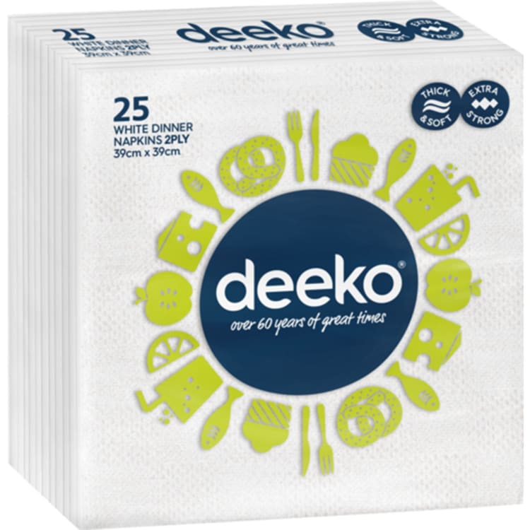 Deeko 2 Ply White Dinner Napkins