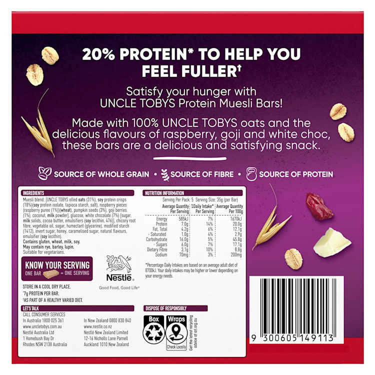 Uncle Tobys Protein Bars with Raspberry, Goji & White Chocolate 5 Pack