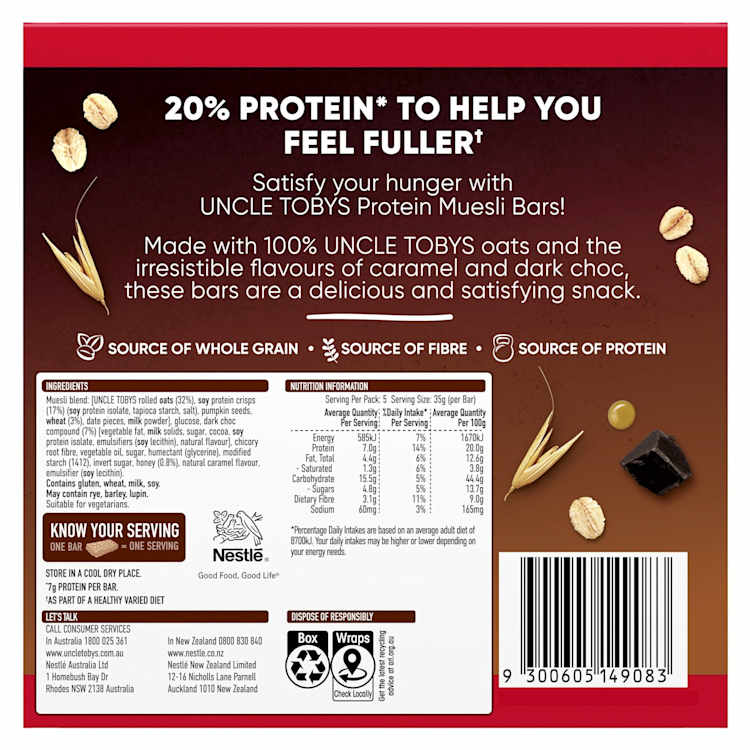Uncle Tobys Protein Bars with Caramel & Dark Chocolate 5 Pack