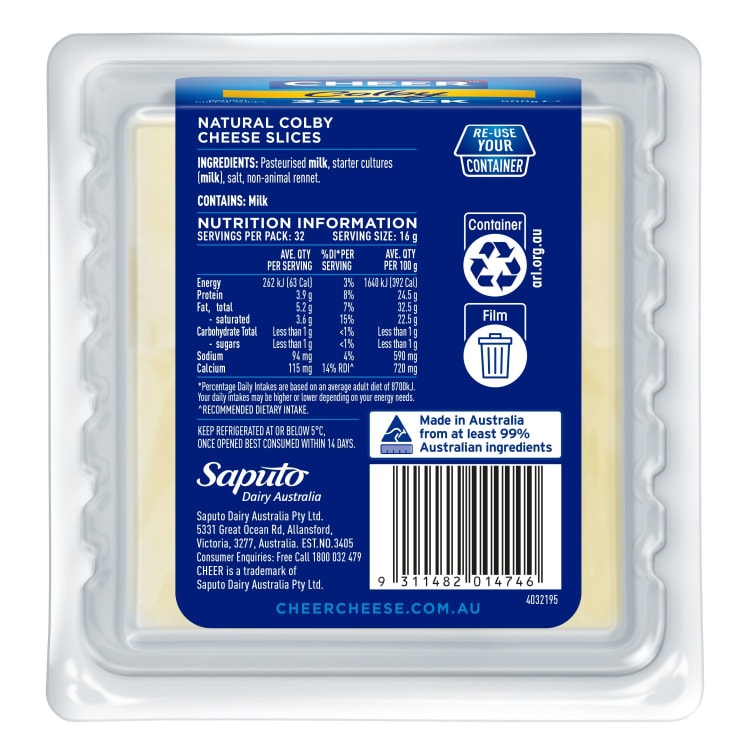 Cheer Cheese Colby Cheese 32 Slices