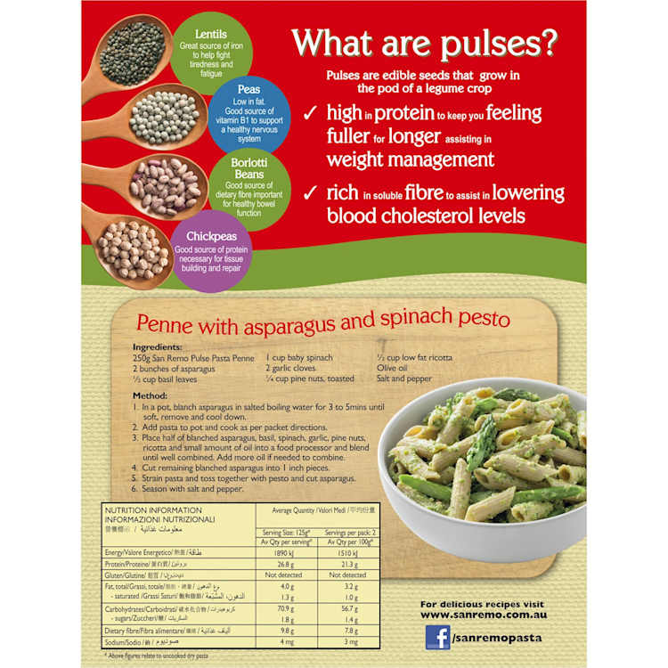 San Remo Pulse Pasta Penne Peas, Lentils, Chickpeas & Borlotti Beans