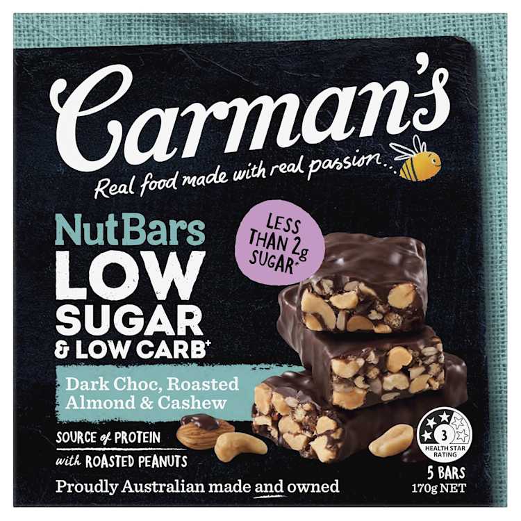 Carman's Nut Bars Low Sugar Low Carb Dark Choc Roast Cashew