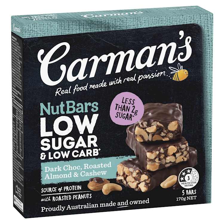 Carman's Nut Bars Low Sugar Low Carb Dark Choc Roast Cashew