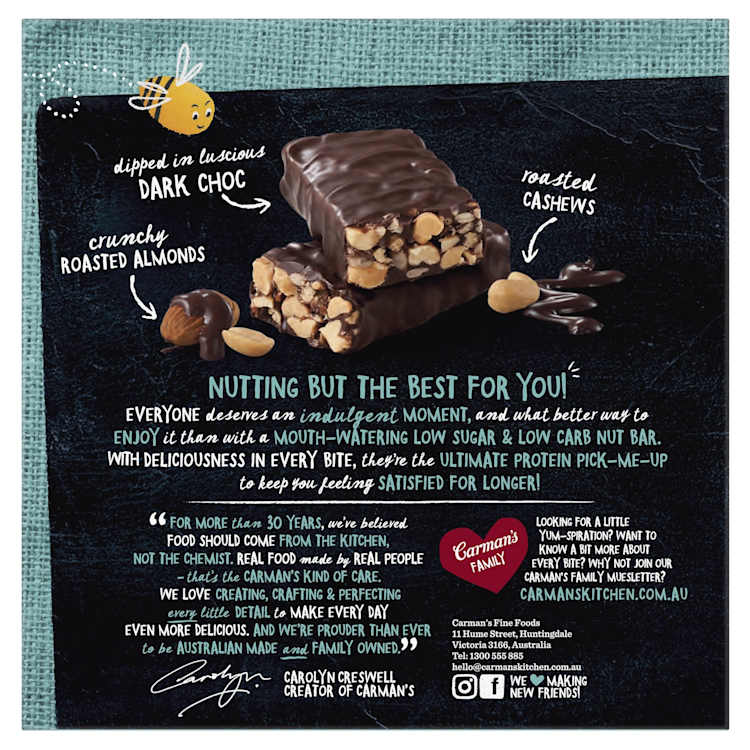 Carman's Nut Bars Low Sugar Low Carb Dark Choc Roast Cashew