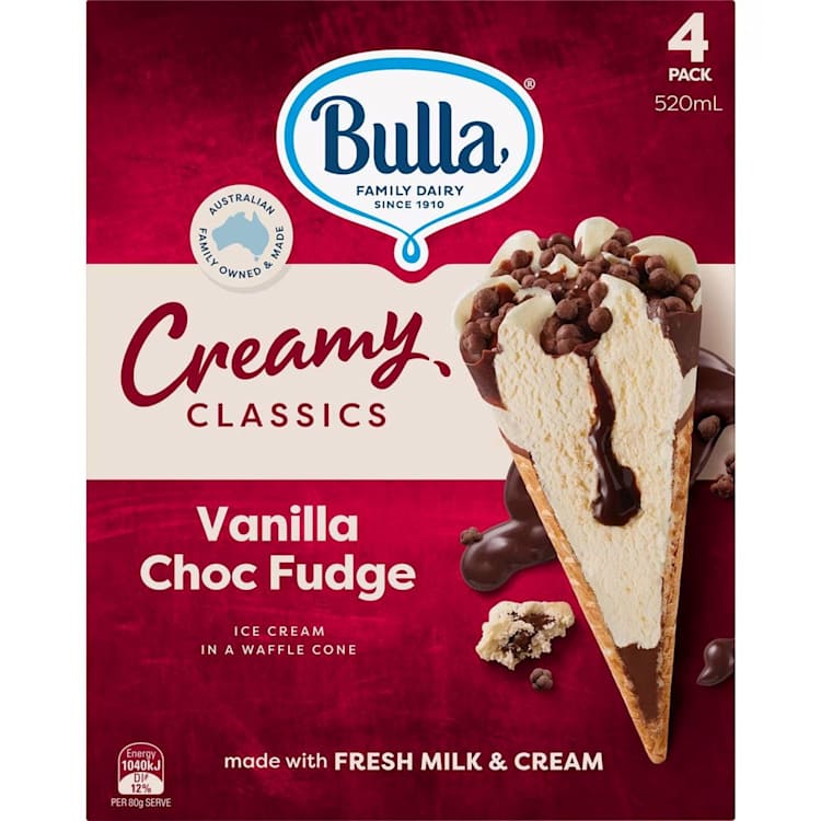 Bulla Creamy Classics Vanilla Choc Fudge Ice Cream Cones