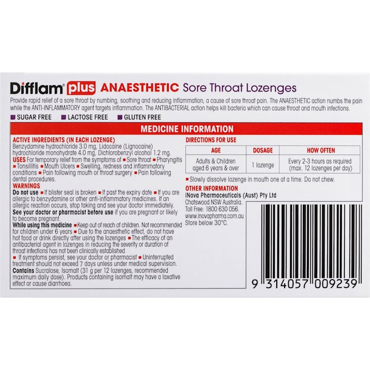 Difflam Plus Sore Throat Lozenges + Anaesthetic Blackcurrant