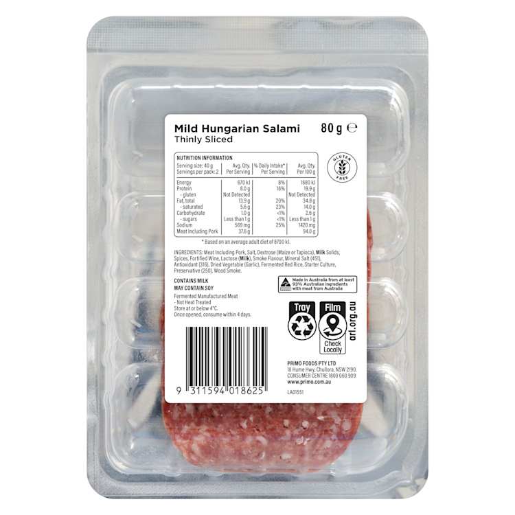 Primo Thinly Sliced Hungarian Mild Salami