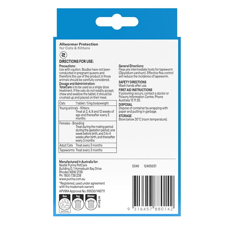 Purina Total Care Palatable Allwormer Cat Kittens Treatment Tablets