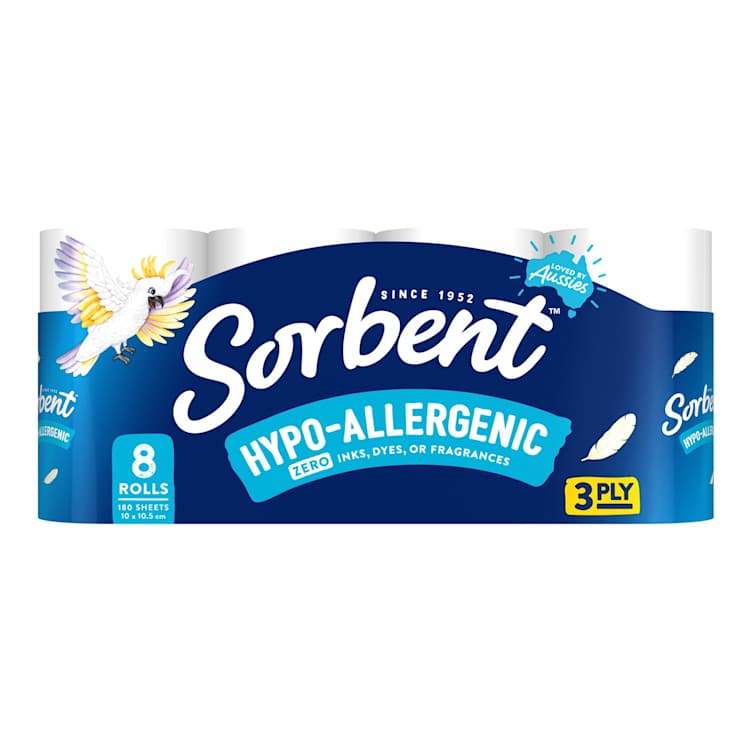 Sorbent 3 Ply Hypo-Allergenic Toilet Tissue Rolls