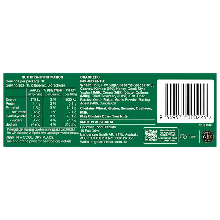 OB Finest Specialty Crackers Cashew & Rosemary With Sesame Seeds