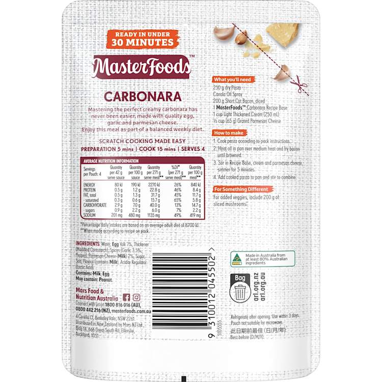 MasterFoods Carbonara Recipe Base Stove Top Pouch