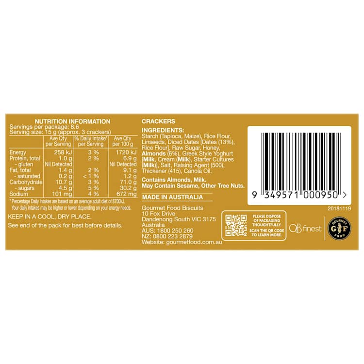 OB Finest Specialty Crackers Gluten Free Date & Almond 