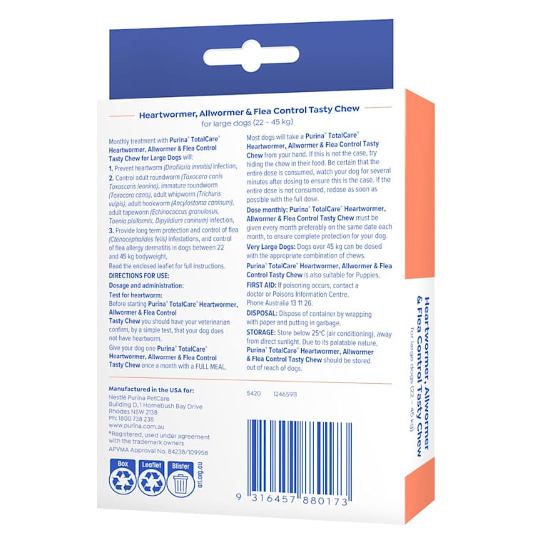 Purina Total Care Allwormer Flea Control Tasty Chew Large Dogs