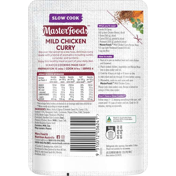 MasterFoods Mild Chicken Curry Recipe Base Slow Cook Pouch