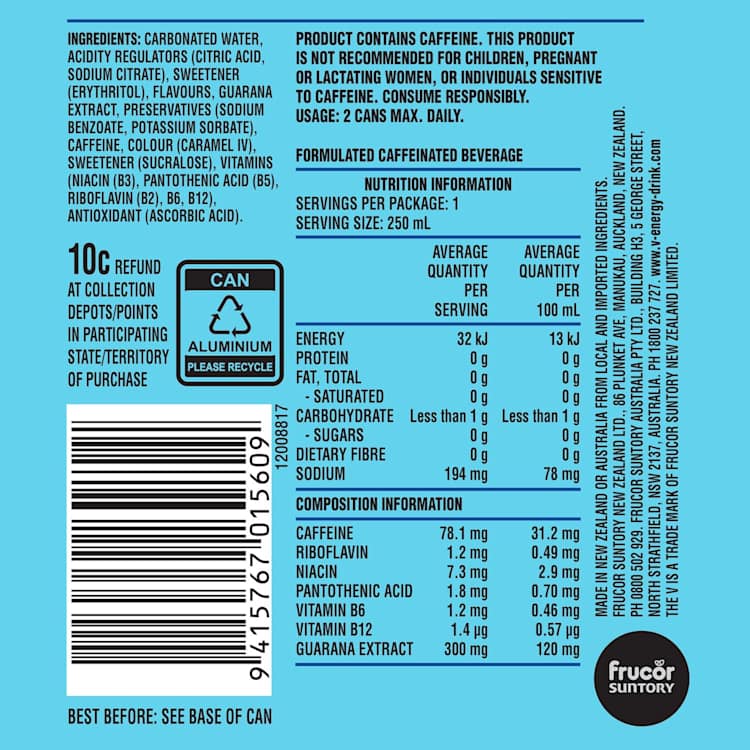 V Guarana Energy Drink Blue Sugarfree