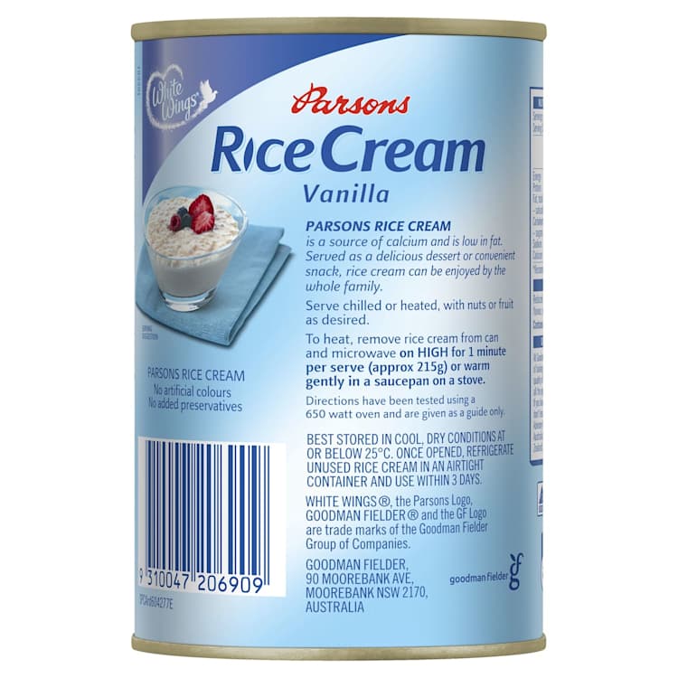 White Wings Parsons Vanilla Creamed Rice 98% Fat Free