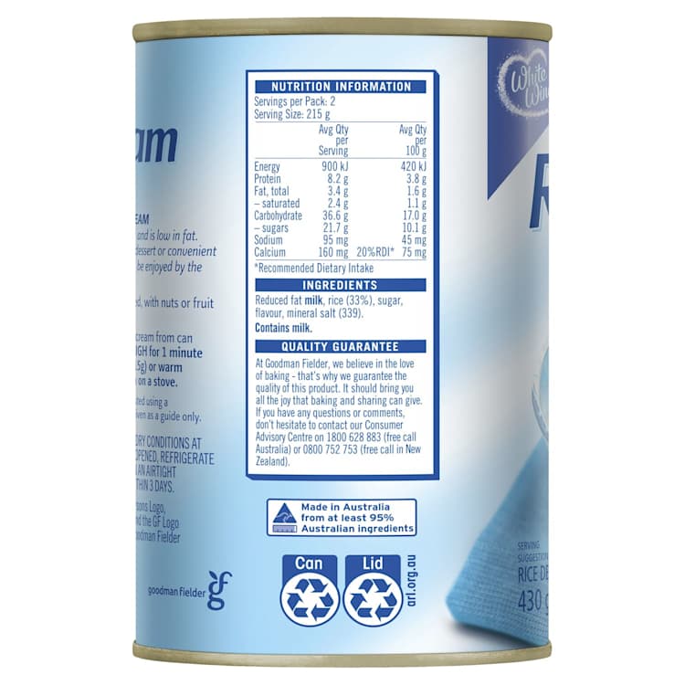 White Wings Parsons Vanilla Creamed Rice 98% Fat Free