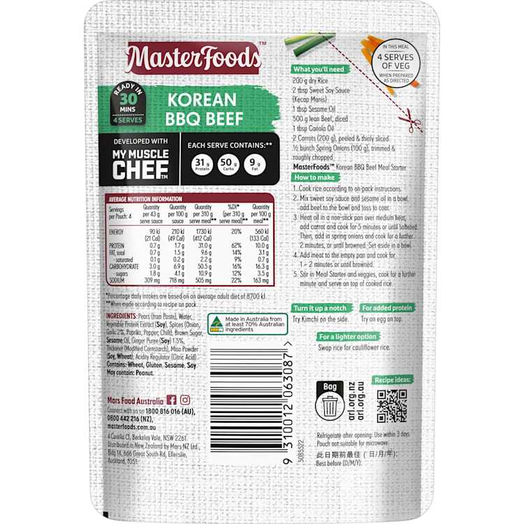 Masterfoods Recipe Base My Muscle Chef Korean Bbq Beef 6X175G Pouch