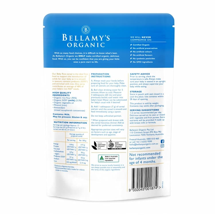Bellamy's Organic Baby Rice With Prebiotic