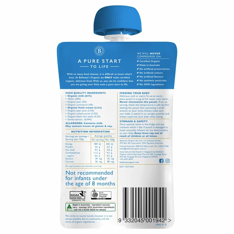 Bellamy's Organic Vanilla & Pear Custard With Chia Seed