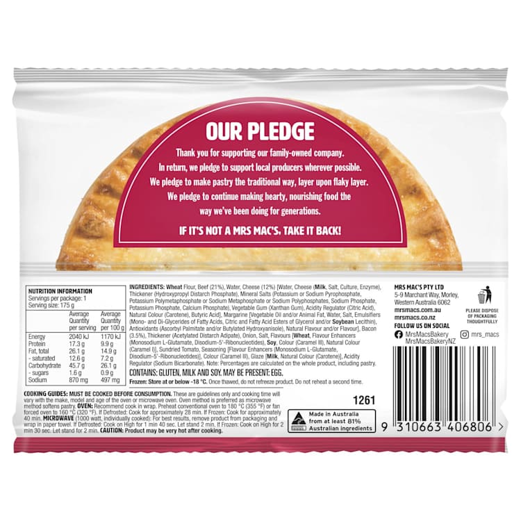 Mrs Mac's Beef, Cheese & Bacon Pie