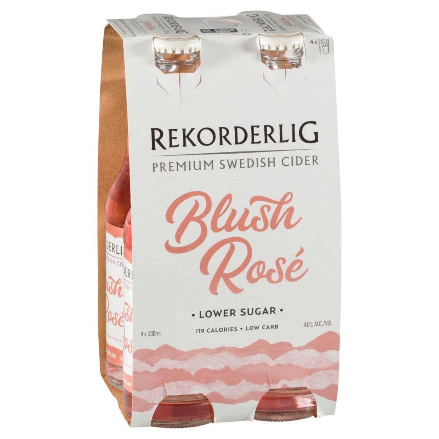Evoking the spirit of rosé, Rekorderlig Blush Rosé is light and refined striking a balance between sweet and dry.  Blending red berries and a dash of sweet peach, to deliver a refreshing fruitiness that you would expect from Rekorderlig, with the dry finish of a rosé wine.<br /> <br />Alcohol Volume: 4.00%<br /><br />Pack Format: 4 Pack<br /><br />Standard Drinks: 1.1</br /><br />Pack Type: Bottle<br /><br />Country of Origin: Sweden<br />