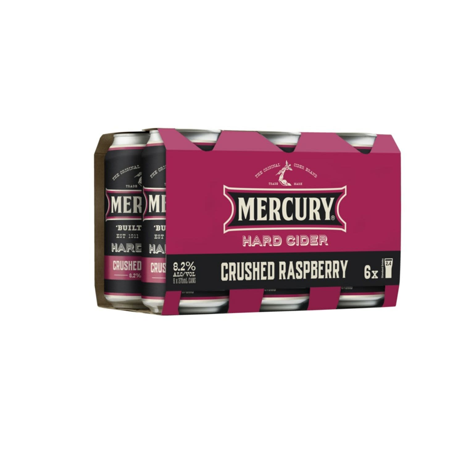 Mercury Hard Cider Crushed Raspberry 375mL Cans<br /> <br />Alcohol Volume: 8.20%<br /><br />Pack Format: 6 Pack<br /><br />Standard Drinks: 2.4<br /><br />Pack Type: Can<br /><br />Country of Origin: Australia<br />