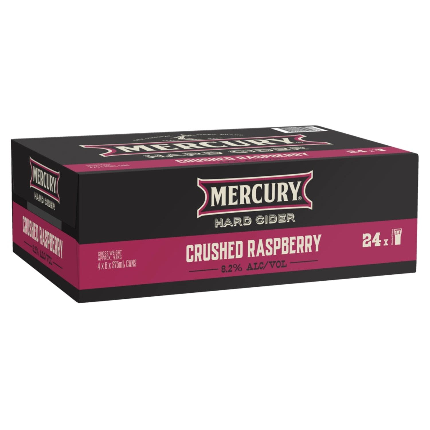 Mercury Hard Cider Crushed Raspberry 375mL Cans<br /> <br />Alcohol Volume: 8.20%<br /><br />Pack Format: 24 Pack<br /><br />Standard Drinks: 2.4</br /><br />Pack Type: Can<br /><br />Country of Origin: Australia<br />