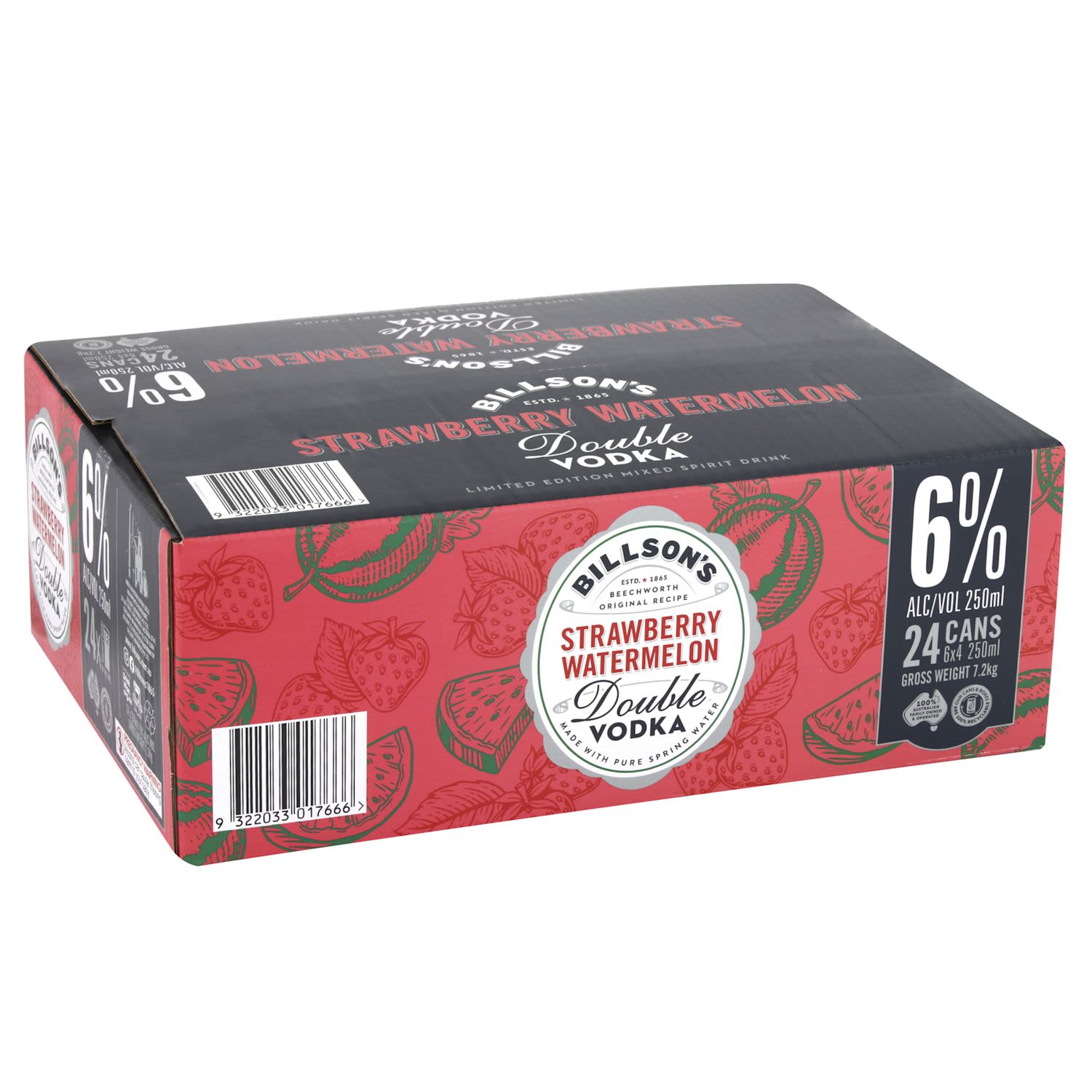 Billson's Double Vodka with Strawberry & Watermelon 250mL Can 24 Pack