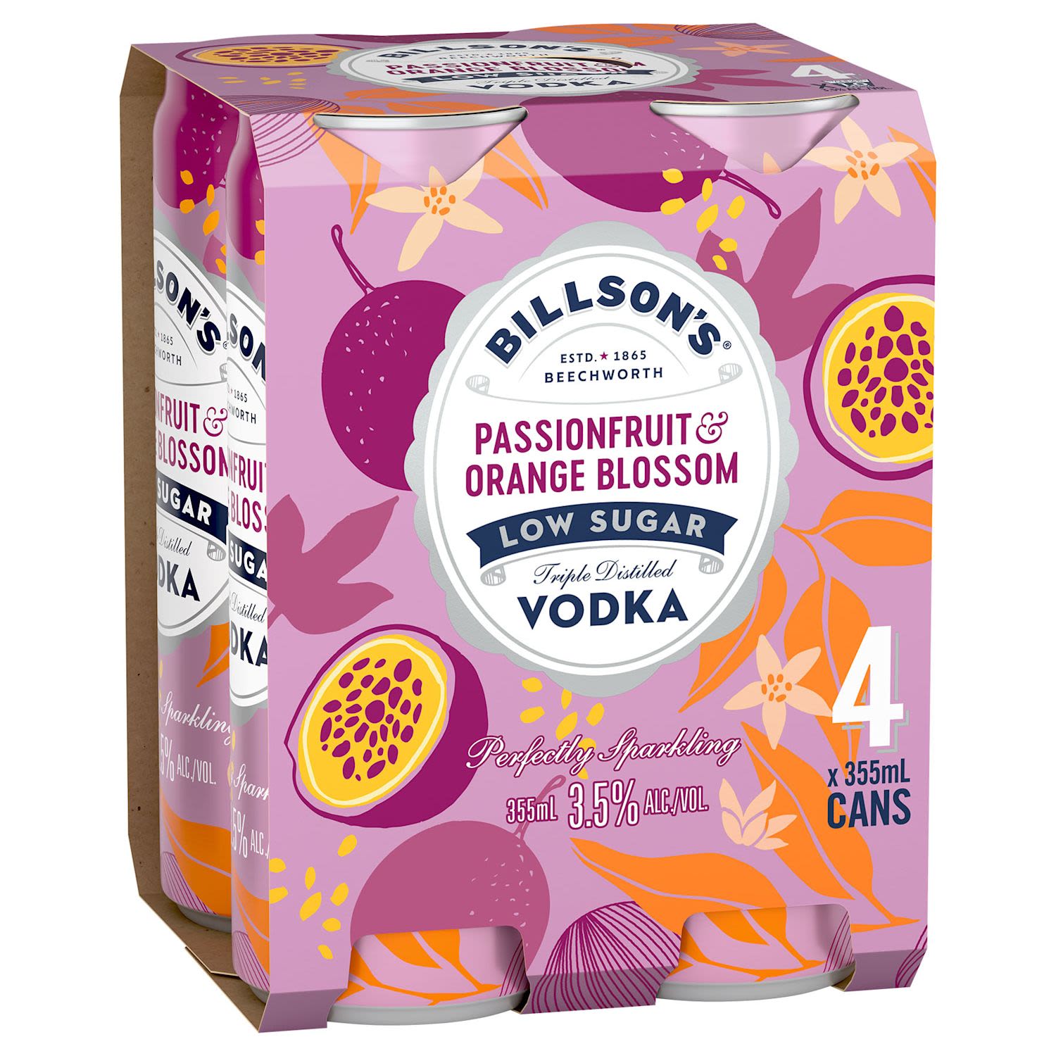 Billson's Passionfruit Orange Blossom Low Sugar Vodka Can 355mL 4 Pack