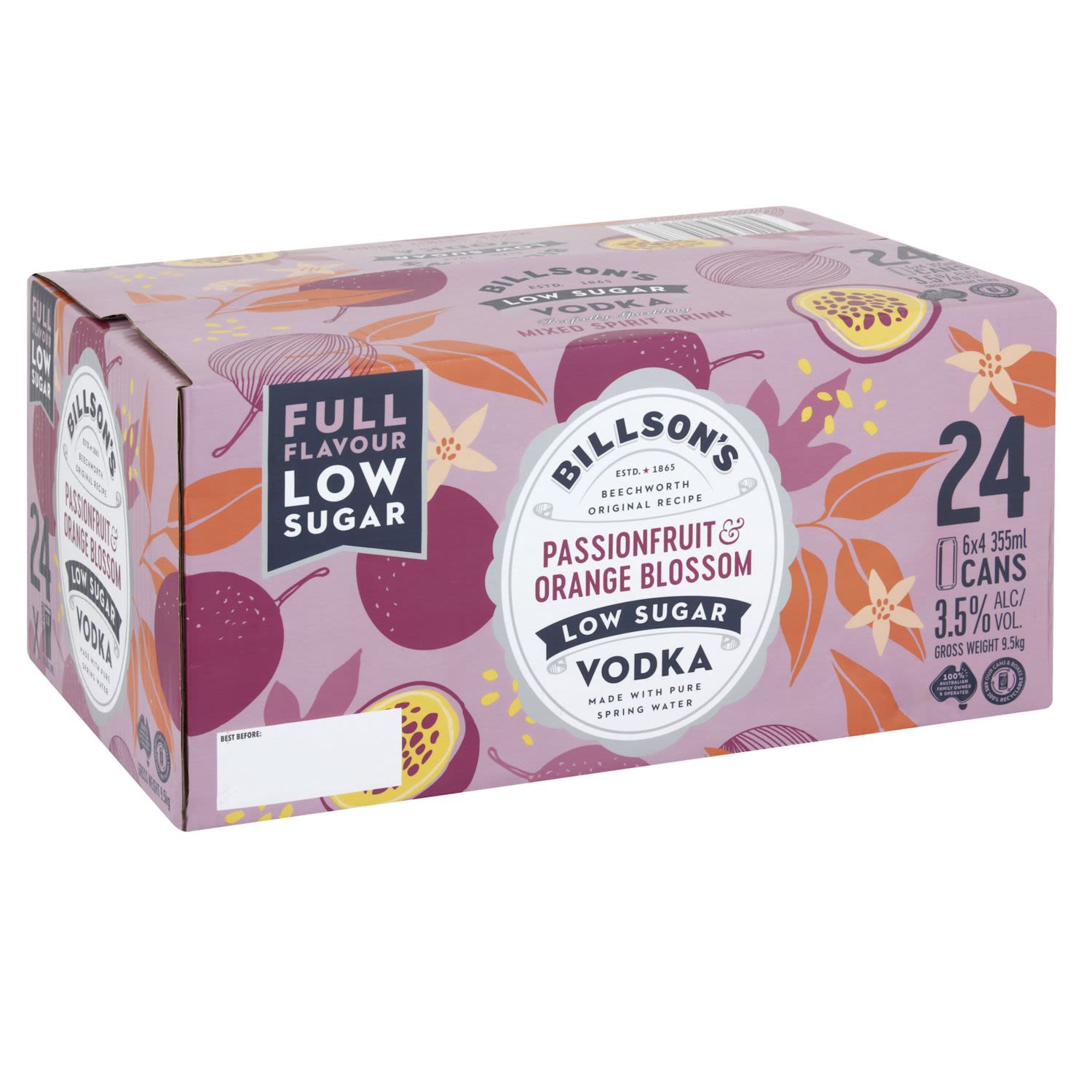 Billson's Passionfruit Orange Blossom Low Sugar Vodka Can 355mL