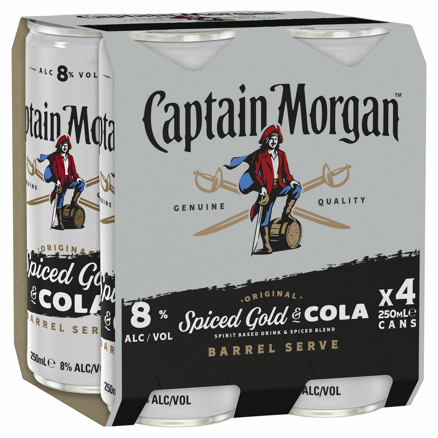 Captain Morgan & Cola 8% 250mL Can 4 Pack