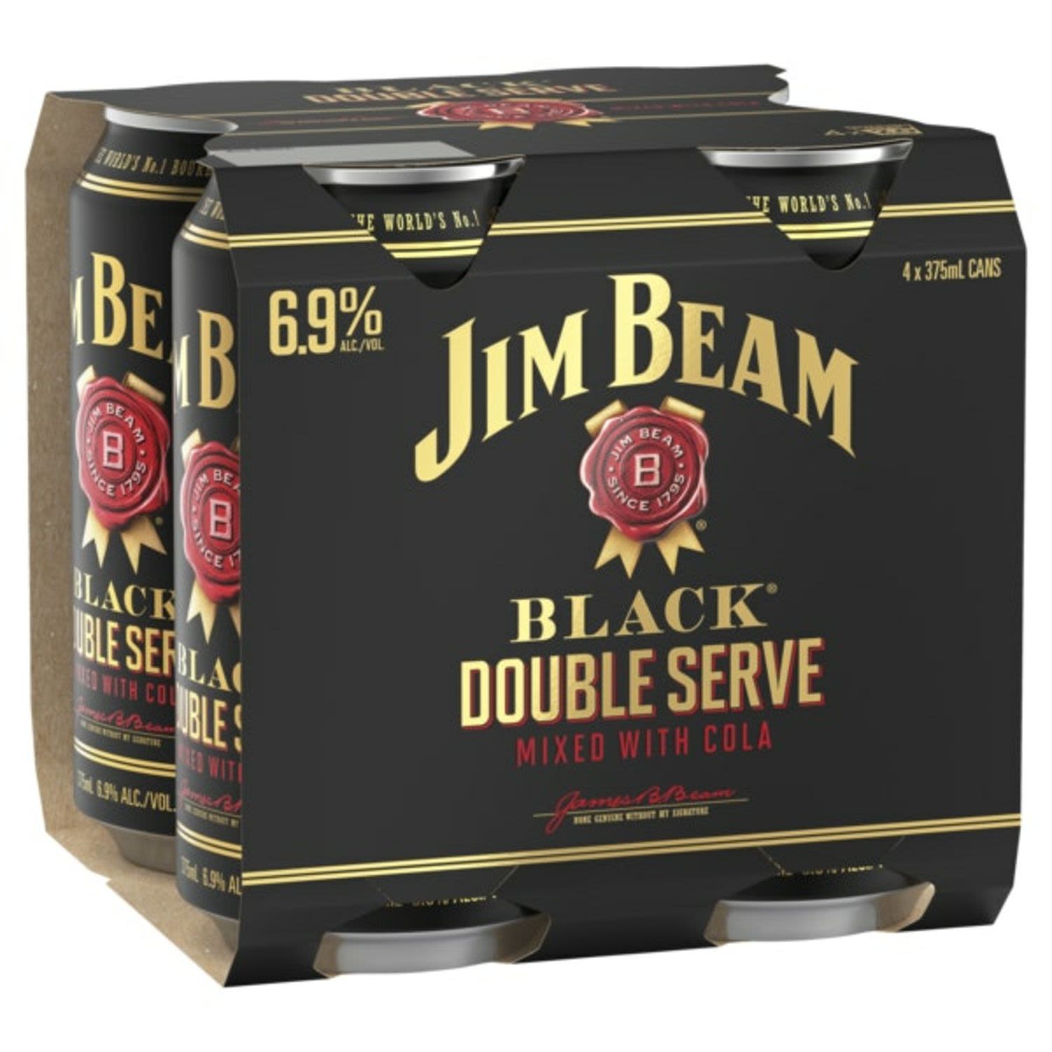 Jim Beam Black Double Serve delivers two servings of the premium, extra-aged Jim Beam Black Bourbon you love, pre-mixed with quality cola.<br /> <br />Alcohol Volume: 6.90%<br /><br />Pack Format: 4 Pack<br /><br />Standard Drinks: 2.1<br /><br />Pack Type: Can<br />