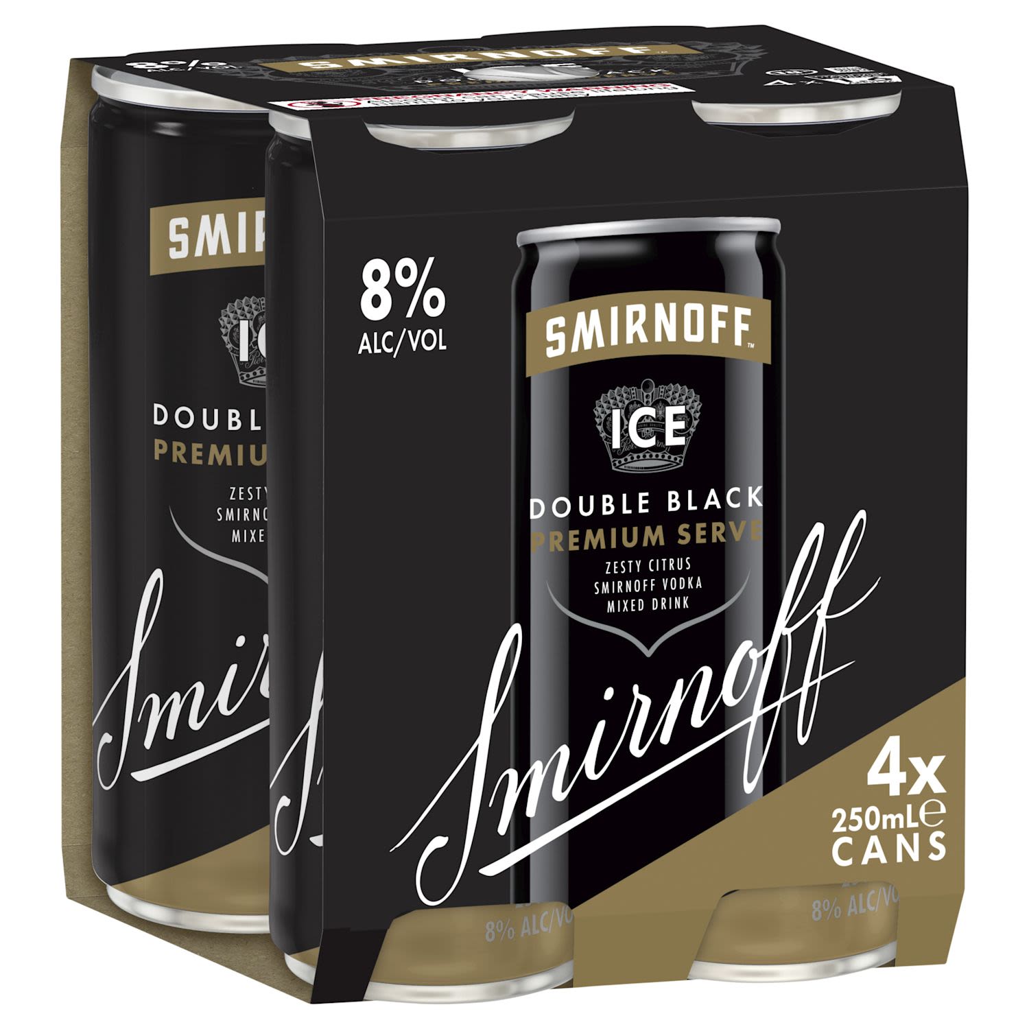 Smirnoff Ice Double Black Premium Serve 8% Can 250mL 4 Pack