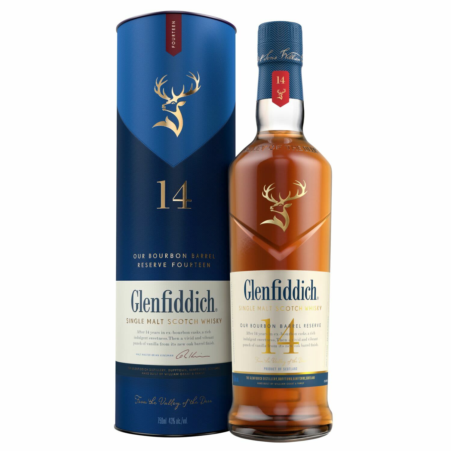 Glenfiddich 14 Year Old Single Malt Scotch Whisky Aged in Bourbon Barrel 700mL Bottle 