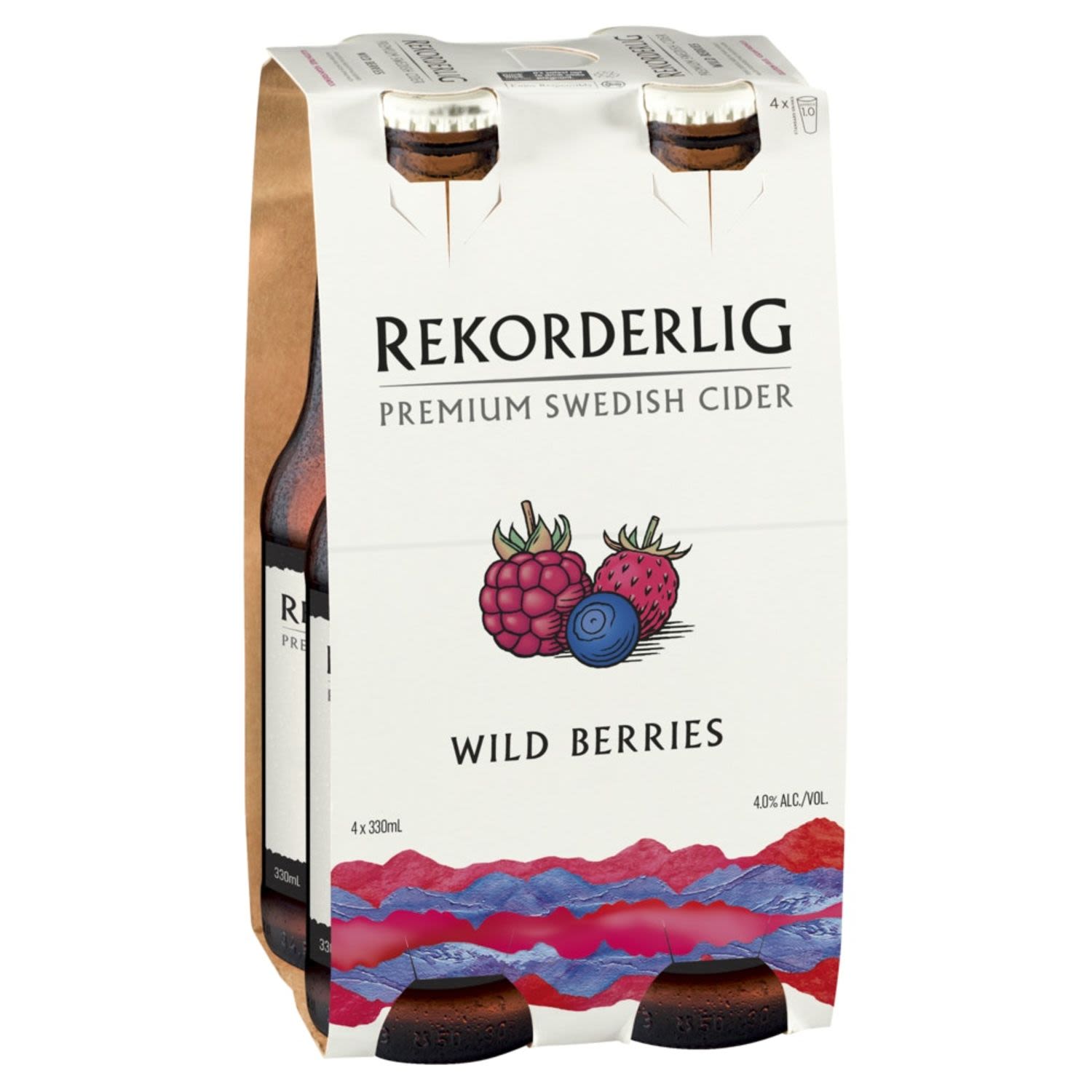 Rekorderlig Wild Berries Cider displays notes of juicy, wild country fruits such as blueberry, raspberry and strawberry. This semi-sweet cider produces a slightly drier finish on the palate, and perfect for those summer picnics.<br /> <br />Alcohol Volume: 4.00%<br /><br />Pack Format: 4 Pack<br /><br />Standard Drinks: 1</br /><br />Pack Type: Bottle<br /><br />Country of Origin: Sweden<br />