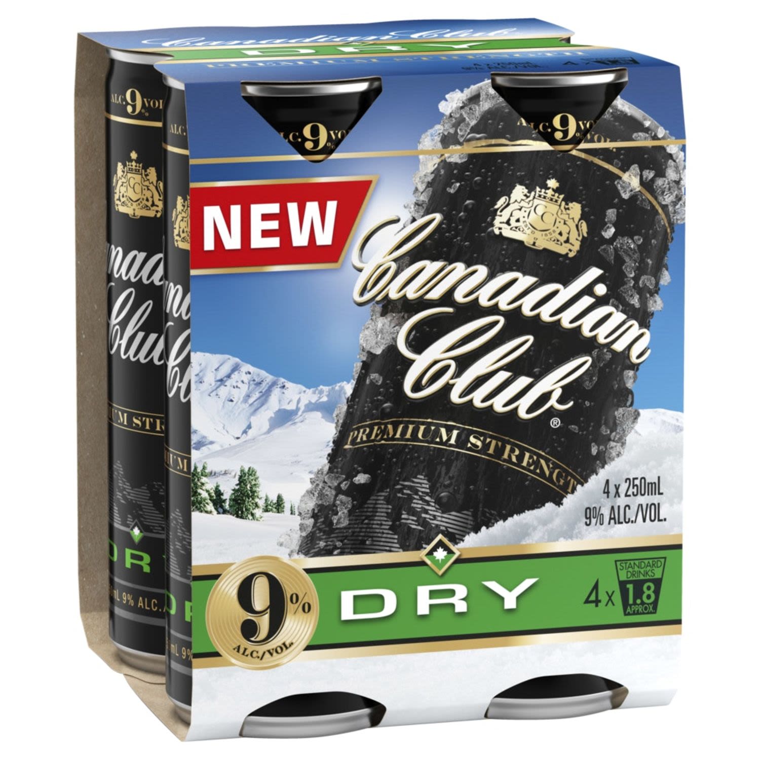 Canadian Club Dry Premium 9% has a smooth, fuller flavour, mixed with a less sweet dry ginger ale. Enjoy chilled or poured over ice for the ultimate refreshment.<br /> <br />Alcohol Volume: 9.00%<br /><br />Pack Format: 4 Pack<br /><br />Standard Drinks: 1.8</br /><br />Pack Type: Can<br />