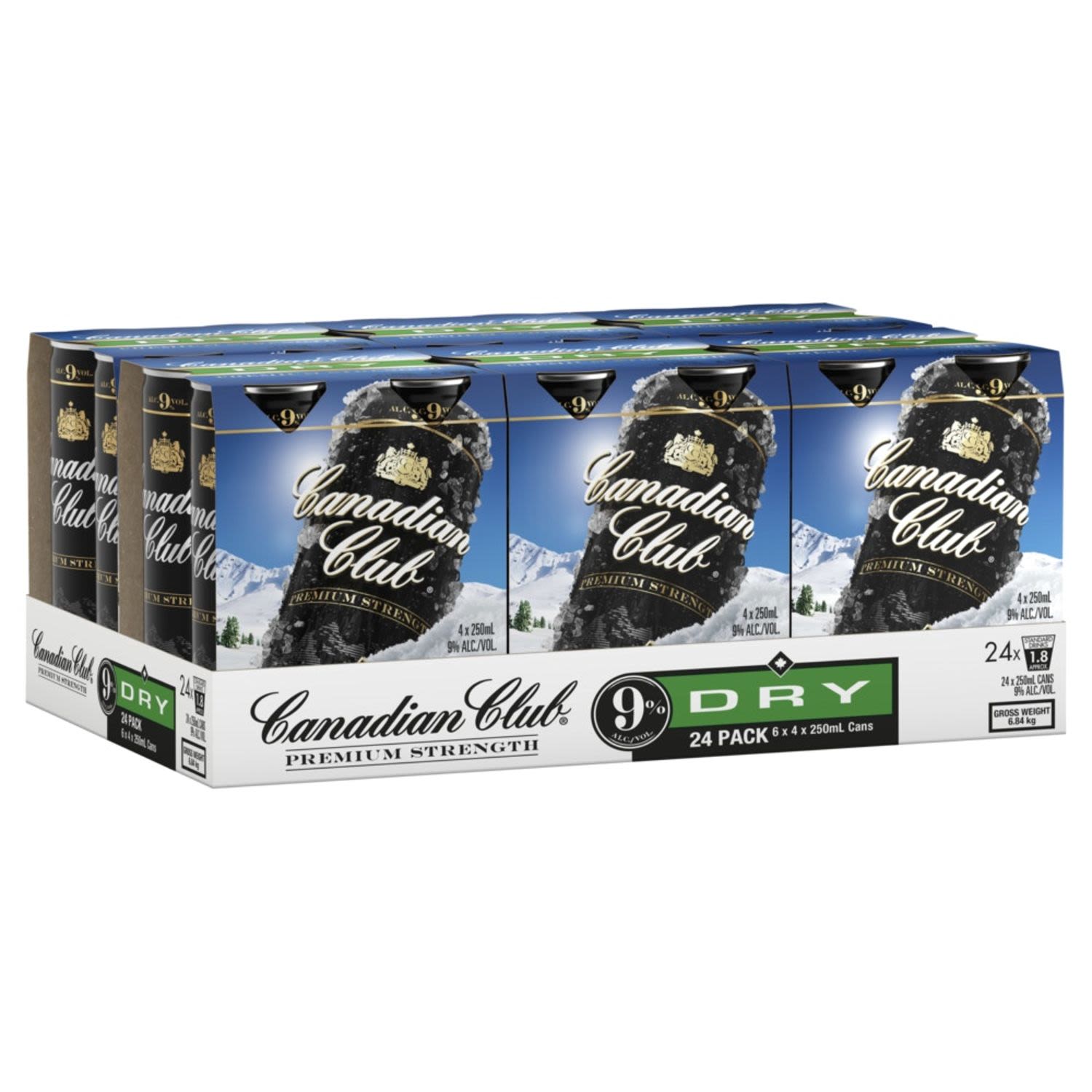 Canadian Club Dry Premium 9% has a smooth, fuller flavour, mixed with a less sweet dry ginger ale. Enjoy chilled or poured over ice for the ultimate refreshment.<br /> <br />Alcohol Volume: 9.00%<br /><br />Pack Format: 24 Pack<br /><br />Standard Drinks: 1.8</br /><br />Pack Type: Can<br />
