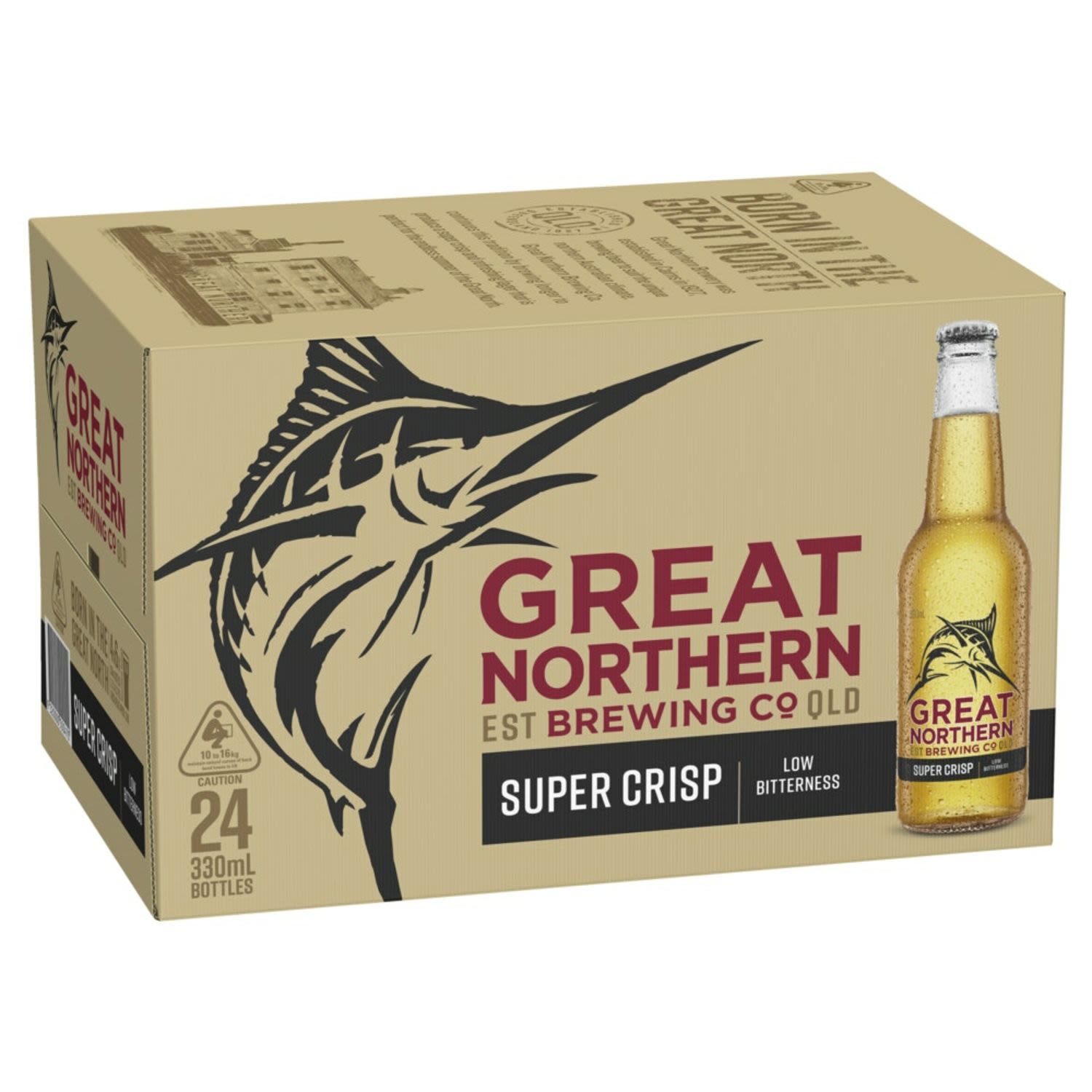 The Great Northern Brewing Company Super Crisp Lager has been created by Queenslanders, for Queenslanders. They have brought together local brewers, industry identities and beer lovers to help create the perfect Queensland brew, one that captures the Queensland adventure of sun, sand and fishing.<br /> <br />Alcohol Volume: 3.50%<br /><br />Pack Format: 24 Pack<br /><br />Standard Drinks: 0.9<br /><br />Pack Type: Bottle<br /><br />Country of Origin: Australia<br />