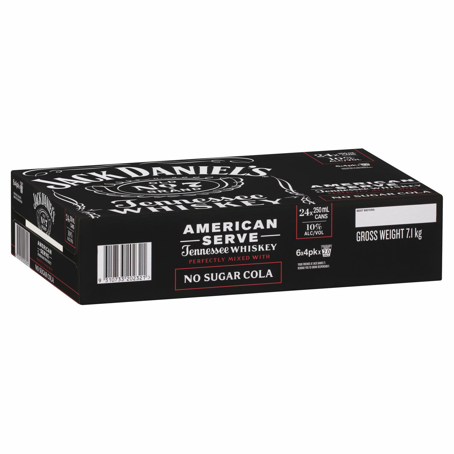 Jack Daniels American Serve & No Sugar Cola Can 250mL 24 Pack